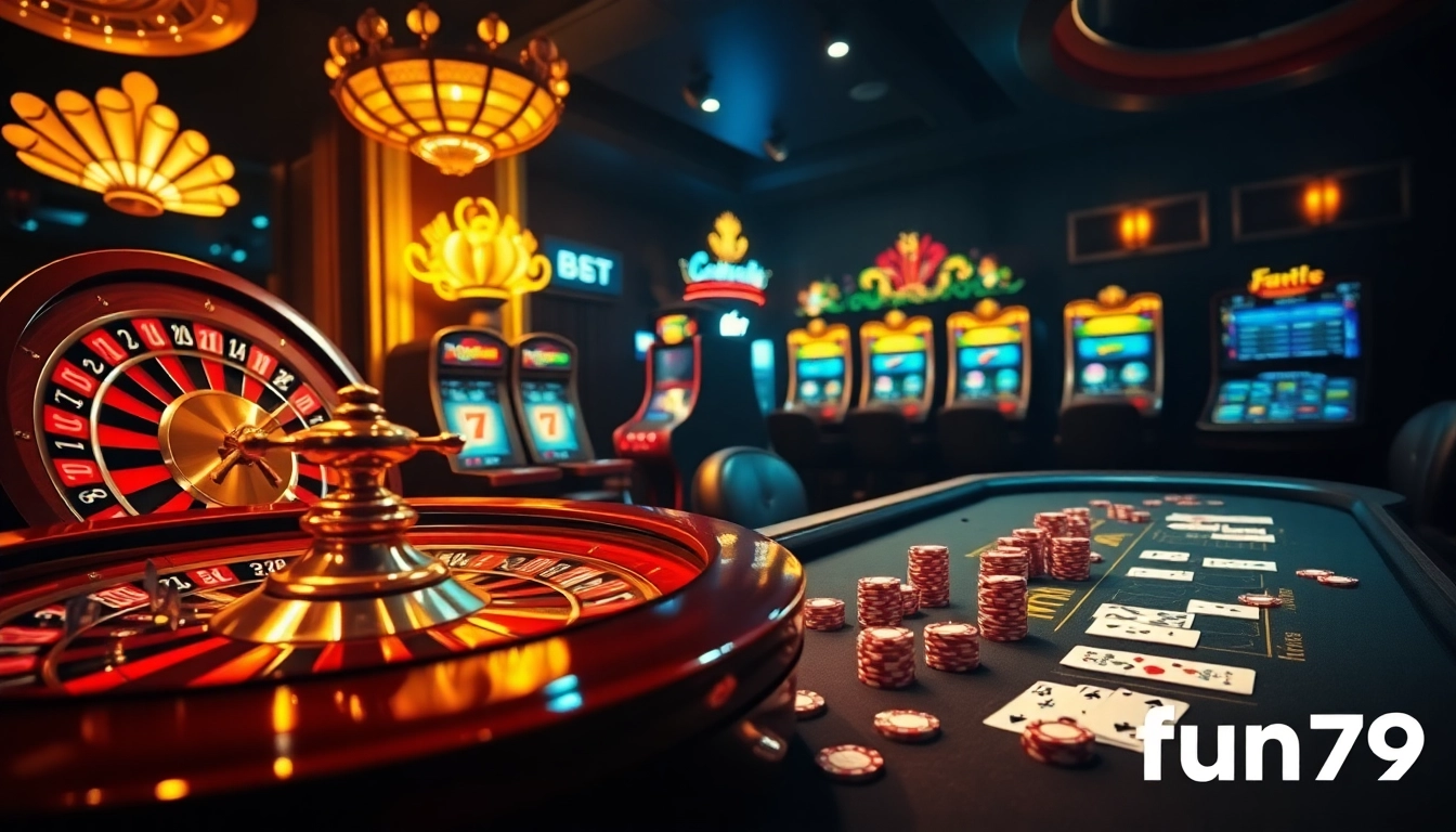 Experience the thrill of fun79 with a lavish casino setup featuring slot machines and poker elements.