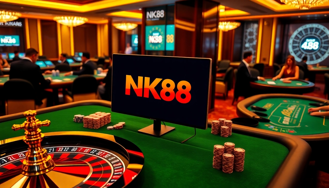 NK88 online casino interface showcasing a vibrant roulette wheel and poker games.