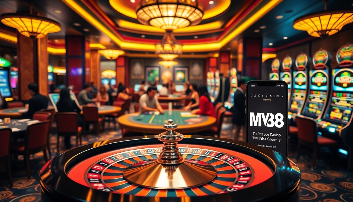 Excited gamblers at a casino table with MV88 mobile interfaces visible, showcasing a vibrant gaming atmosphere.