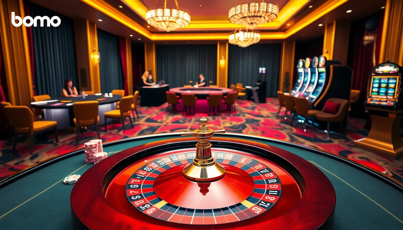 Bong88 players enjoying a luxurious casino experience with roulette, poker tables, and vibrant slot machines.