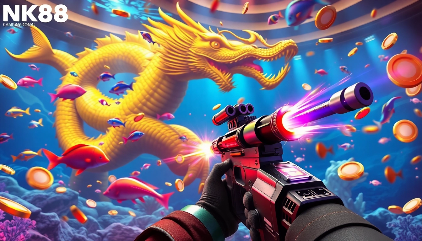 Engaging with https://nk88s.com/ban-ca-nk88/ in an exciting fish shooting game with a vibrant ocean backdrop.