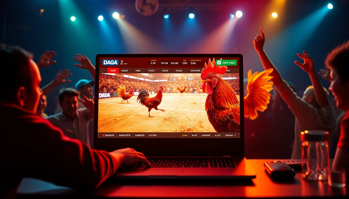 Engaging online betting scene featuring dagawin.live with live cockfighting matches, dynamic graphics, and excited bettors.